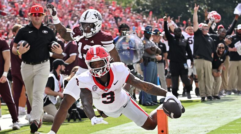 Georgia running back Nate Frazier said that a reminder from his head coach, plus an emotional loss for the team this week, helped him remember to have fun playing football in a career day for the sophomore. (Hyosub Shin/AJC)