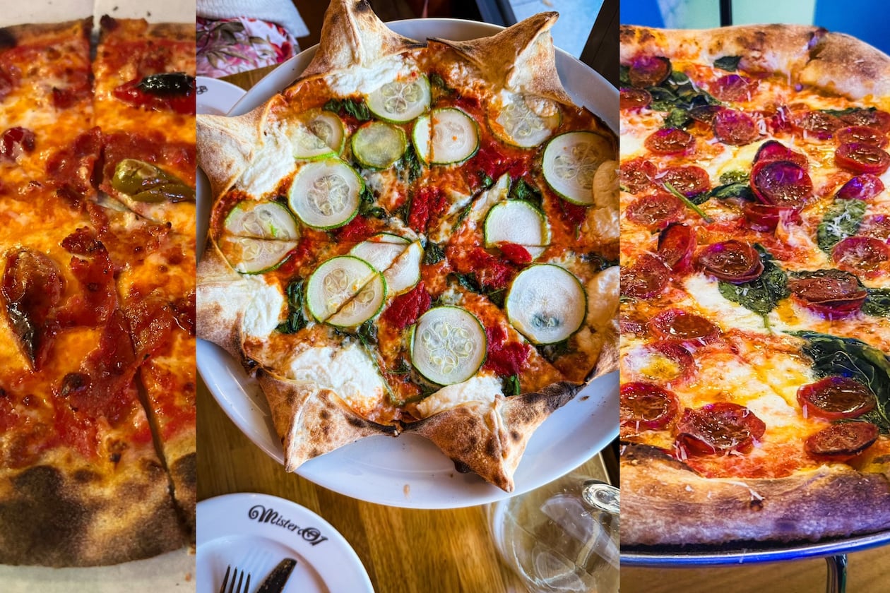 Pizzas from three new metro Atlanta restaurants (left to right): The Grove at Monday Night Brewing (Credit: Olivia Wakim / AJC), Mister O1 Extraordinary Pizza (Credit: Henri Hollis / AJC) and Brainwave Pizza (Credit: Henri Hollis / AJC)