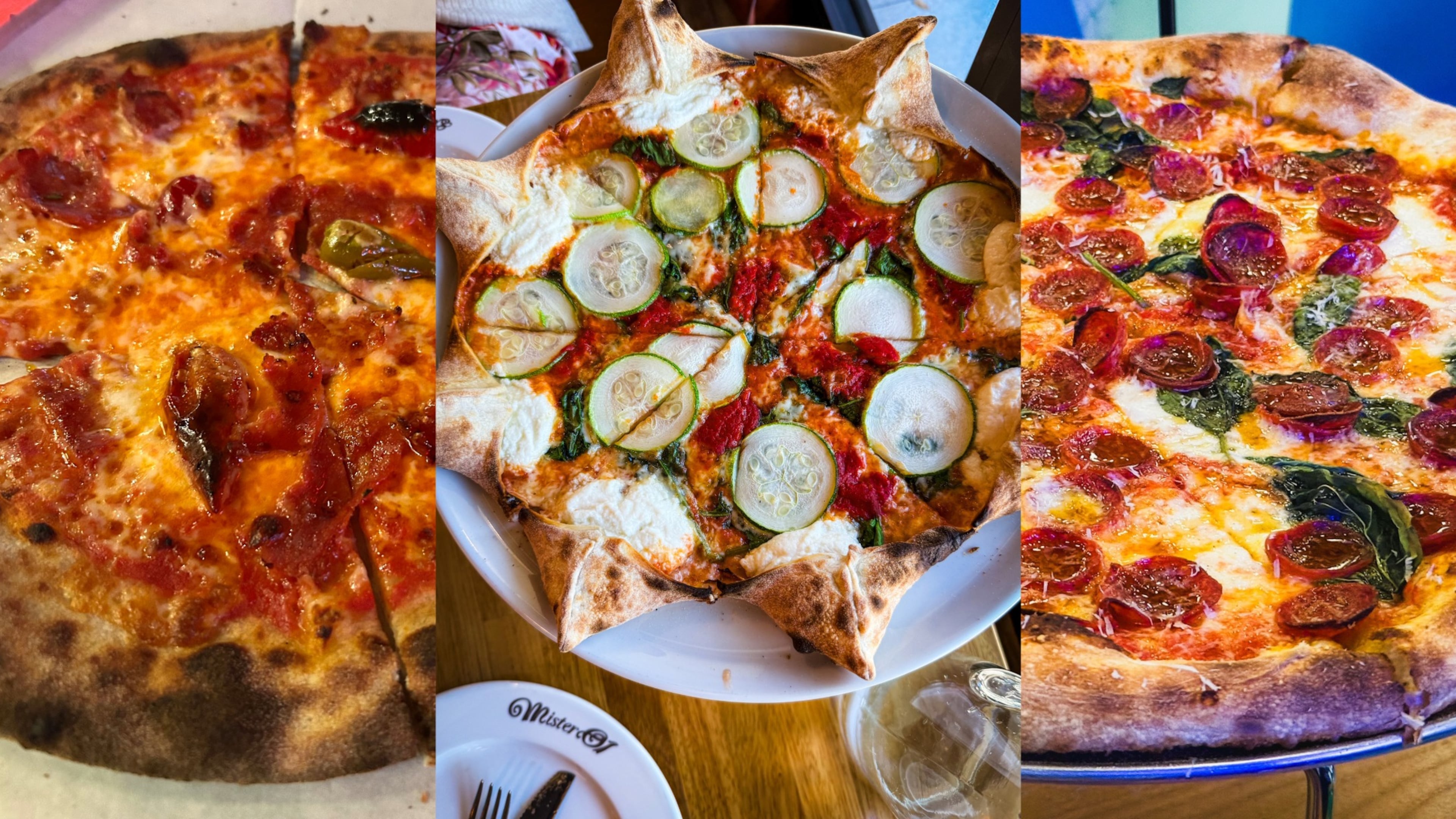 Pizzas from three new metro Atlanta restaurants (left to right): The Grove at Monday Night Brewing (Credit: Olivia Wakim / AJC), Mister O1 Extraordinary Pizza (Credit: Henri Hollis / AJC) and Brainwave Pizza (Credit: Henri Hollis / AJC)