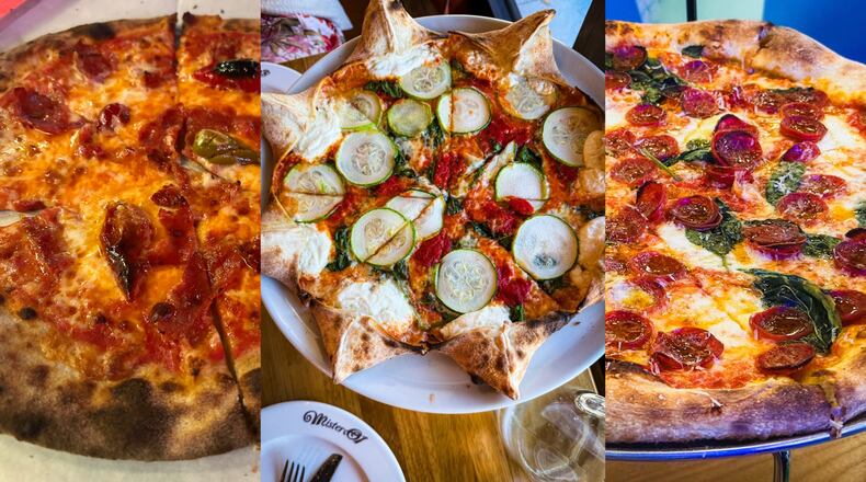 Pizzas from three new metro Atlanta restaurants (left to right): The Grove at Monday Night Brewing (Credit: Olivia Wakim / AJC), Mister O1 Extraordinary Pizza (Credit: Henri Hollis / AJC) and Brainwave Pizza (Credit: Henri Hollis / AJC)