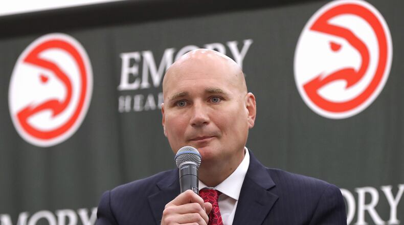 Hawks general manager Travis Schlenk during introductory press conference for new head coach Lloyd Pierce Monday, May 14, 2018, in Atlanta.