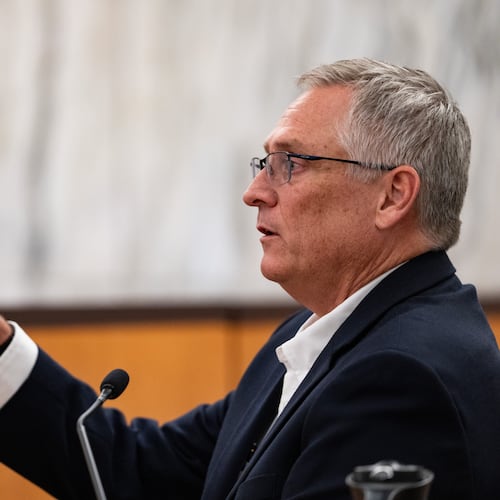 Camp Mystic night watchman Glenn Juenke testifies during a hearing on a suit against Camp Mystic in the 459th State District Court in Austin, Wednesday, April 15, 2026. (Mikala Compton/Austin American-Statesman via AP)