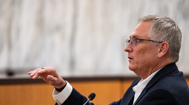Camp Mystic night watchman Glenn Juenke testifies during a hearing on a suit against Camp Mystic in the 459th State District Court in Austin, Wednesday, April 15, 2026. (Mikala Compton/Austin American-Statesman via AP)