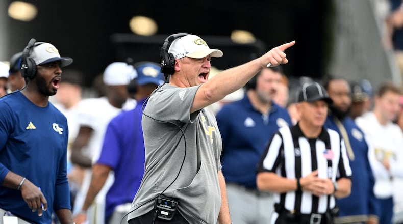 Georgia Tech head coach Brent Key shouts instructions during the first half of an NCAA college football game at Georgia Tech's Bobby Dodd Stadium, Saturday, November 9, 2024, in Atlanta. (Hyosub Shin / AJC)