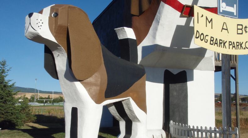 Nicknamed Sweet Willy, the Dog Bark Park Inn was built in 2003 by two artists in northwest Idaho. A smaller wooden dog, Toby, was built next to it. Photo by Melanie D.G. Kaplan for The Washington Post.
