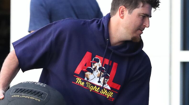 Braves pitcher Luke Jackson works on strength and conditioning during spring training earlier this month at CoolToday Park in North Port, Fla. (Curtis Compton / Curtis.Compton@ajc.com)