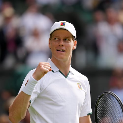 Jannik Sinner of Italy celebrates winning the men's singles match against Miomir Kecmanovic of Serbia during at the Wimbledon Tennis Championships in London, Monday, June 29, 2026.(AP Photo/Kin Cheung)