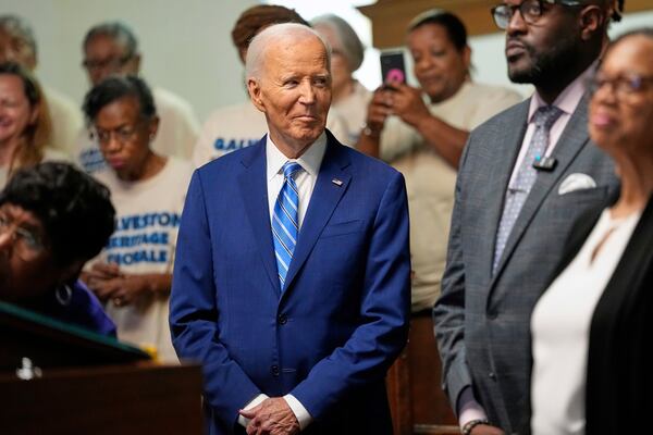 Former President Joe Biden gets ready to speak during a Juneteenth event at the Reedy Chapel AME Church, Thursday, June 19, 2025, in Galveston, Texas. (AP Photo/David J. Phillip)
