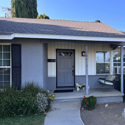 Flowers sit outside a home on June 5, 2026, in Los Angeles, where authorities found actor James Handy with stab wounds. (AP Photo/Andrew Dalton)