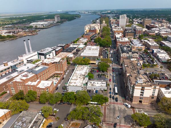 Aerial view of historic Savannah Georgia town and Savannah River. Visions of America/Joseph Sohm/UCG/Universal Images Group via Getty Images