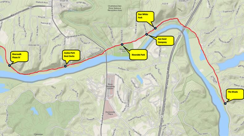 Map depicts the pick-up and drop-off points of the free Roswell River Parks Shuttle. The service operates from 10 a.m. to 4 p.m. Saturdays and Sundays through the summer. CITY OF ROSWELL