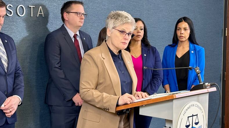 Hennepin County Attorney Mary Moriarty announces charges against an Immigration and Customs Enforcement agent related to a February incident on Thursday, April 16, 2026 in Minneapolis, Minn. (AP photo/Mark Vancleave)