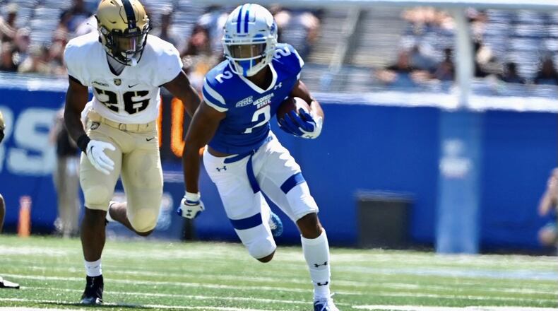 Georgia State sophomore wide receiver Jamari Thrash runs after a catch against Army in the Panthers' season opener, Sept. 4, 2021 at Center Parc Stadium in Atlanta. (Photo by Todd Drexler/Sideline Sports)