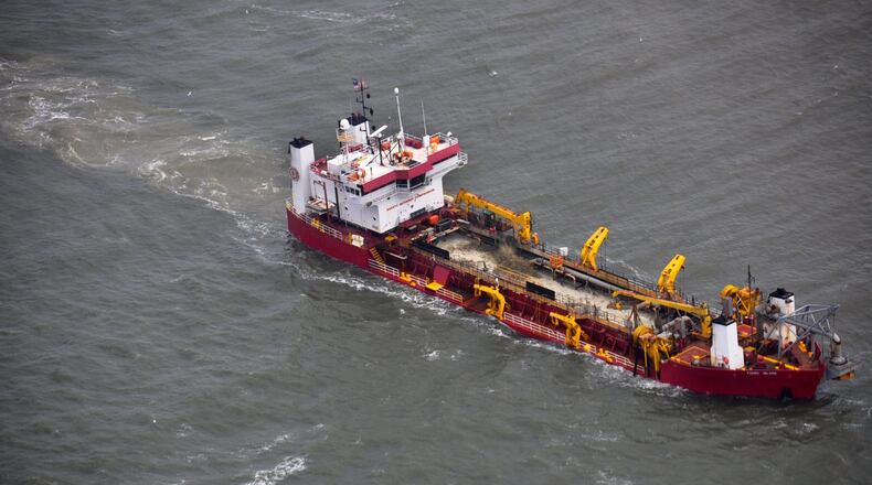 The dredge ship Padre Island of Great Lakes Dock and Dredge Co. works on deepening the channel of the Savannah River in March 2016. Image provided by the U.S. Army Corps of Engineers