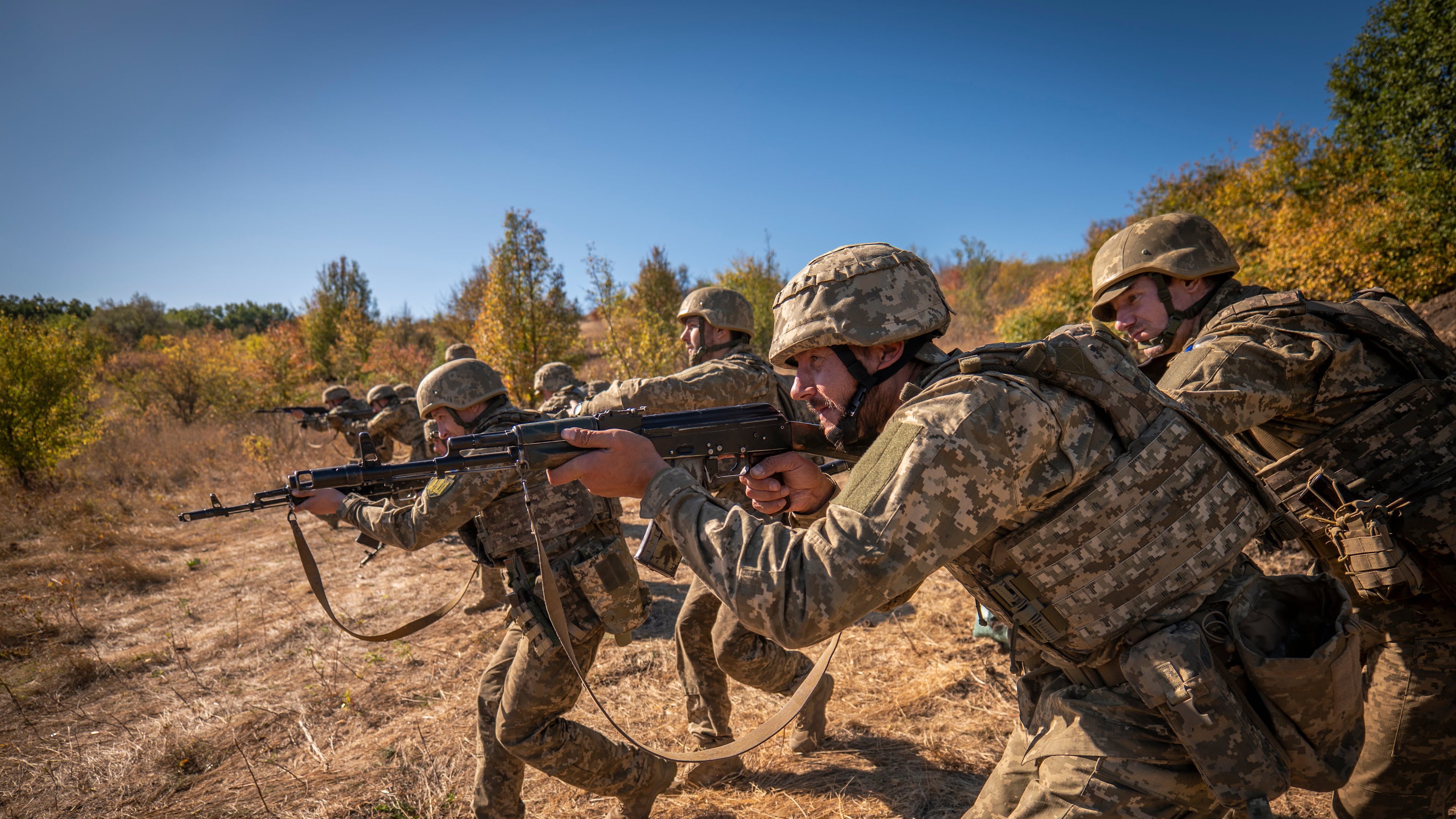 Ukrainian soldiers of the 66th Brigade attend a training combat exercise in Donetsk region, Ukraine, Thursday, Sept. 25, 2025. (AP Photo/Dan Bashakov)
