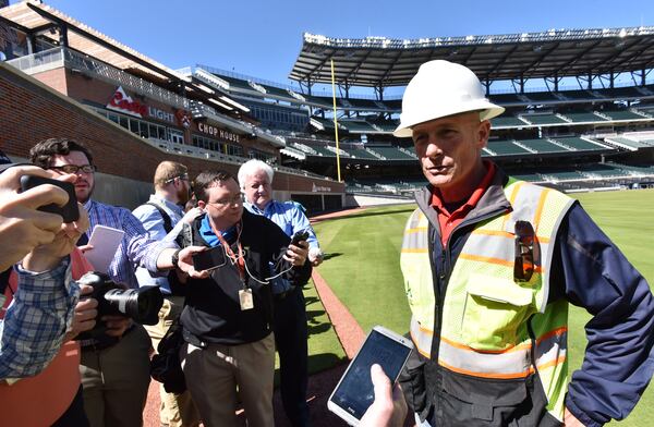 Ed Mangan, field director, speaks to members of the press at the almost-finished SunTrust Park.
