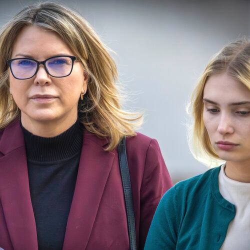 FILE - Rebecca Grossman, left, and her daughter head to Van Nuys Courthouse in the Van Nuys section of Los Angeles on Feb. 14, 2024. (Irfan Khan/Los Angeles Times via AP, FILE)