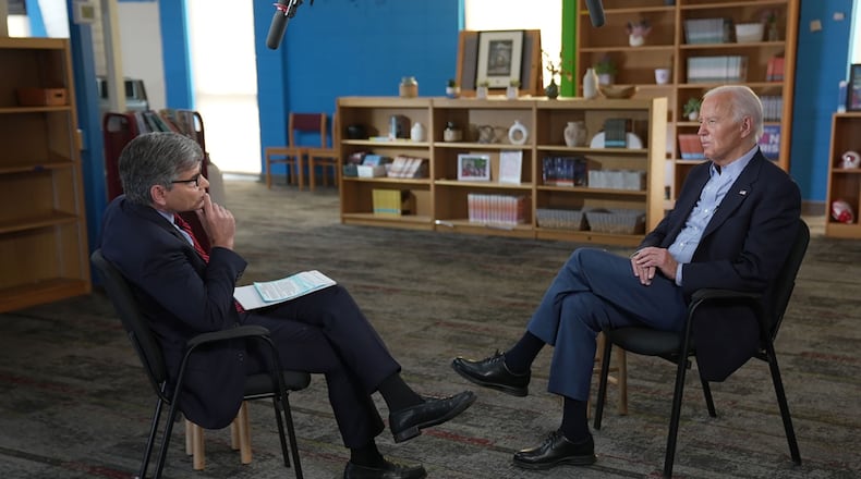 In this handout photo provided by ABC, President Joe Biden speaks with "This Week" anchor George Stephanopoulos on Friday in Madison, Wisconsin. (ABC/Getty Images/TNS)