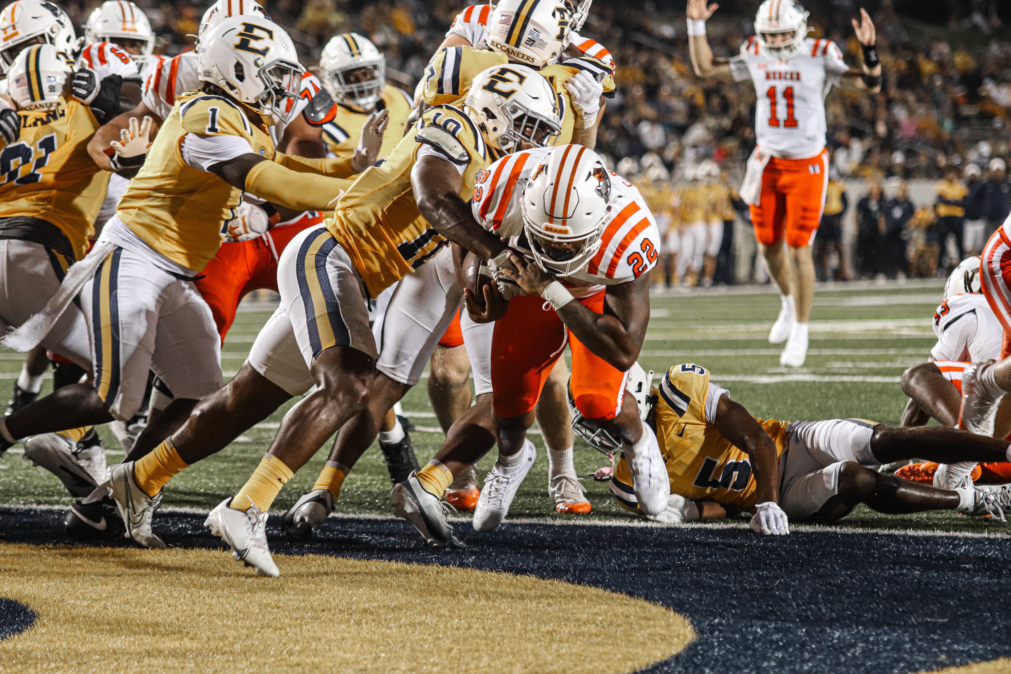 C.J. Miller powers in for one of his two touchdowns. He rushed for 172 yards and two touchdowns at East Tennessee pm Sept. 27, the eighth-most rushing yards in the history of Mercer football.