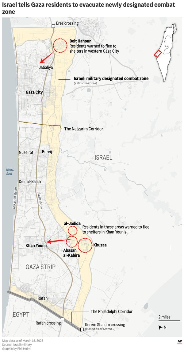 The map above shows the newly designated combat zone in Gaza and evacuation orders for neighborhoods within the zone. (AP Graphic)
