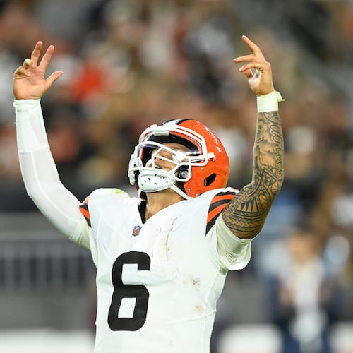 Cleveland Browns quarterback Dillion Gabriel celebrates after throwing a touchdown pass against the New England Patriots during the first half of a preseason NFL football game Thursday, Aug. 27, 2026, in Cleveland. (AP Photo/David Richard)