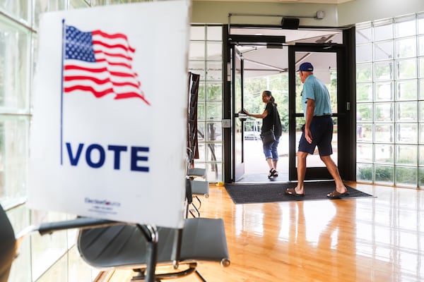 Voters leave the Wills Park Recreation Center in Alpharetta, Ga., on Tuesday, September 23, 2025. Republican Jason Dickerson is running against strongly-backed Democratic challenger Debra Shigley in a runoff special election to represent a state Senate district in parts of Fulton and Cherokee counties. (Abbey Cutrer / AJC) 