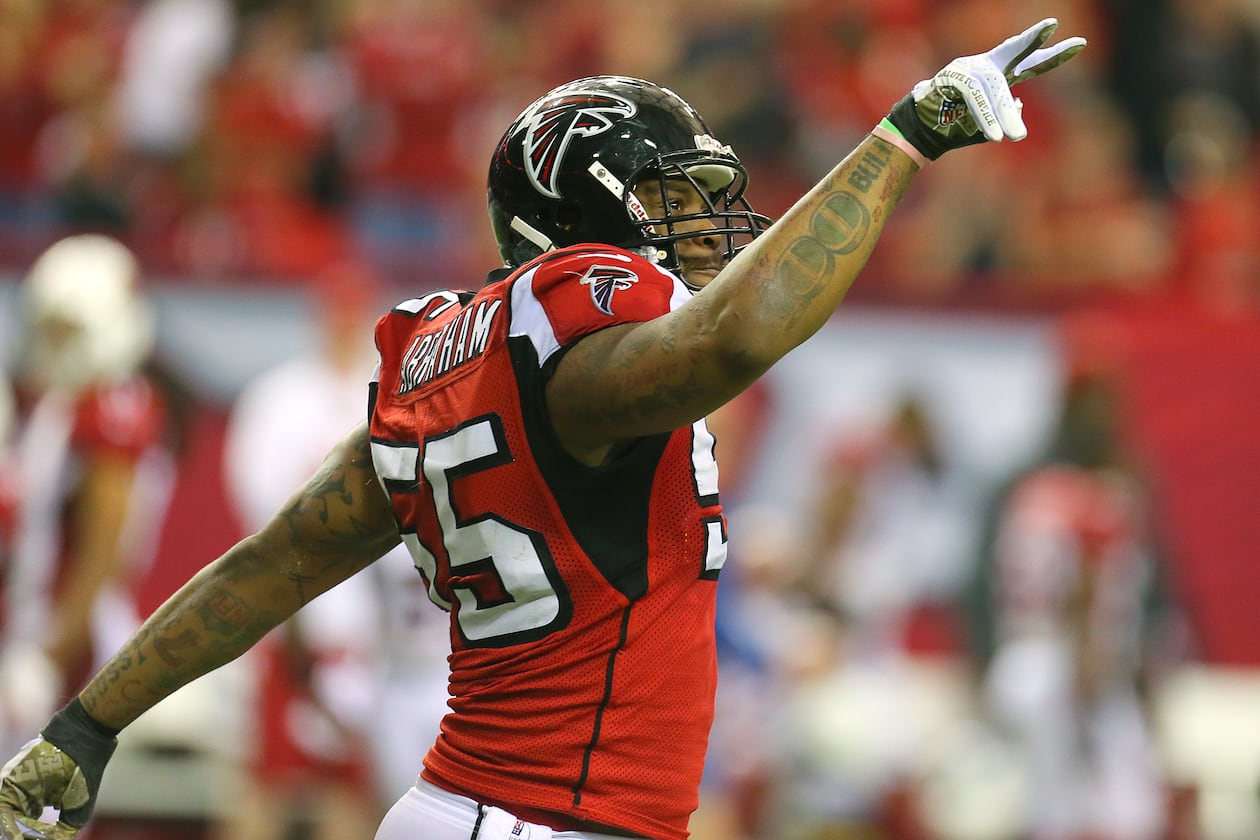 Nicknamed “The Predator” for his pass-rushing proficiency, former Falcons defensive end John Abraham will become the 15th member of the Ring of Honor. (Curtis Compton/AJC 2012)