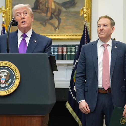 FILE - President Donald Trump, left, speaks during an event with Environmental Protection Agency director Lee Zeldin in the Roosevelt Room of the White House, Feb. 12, 2026, in Washington. (AP Photo/Evan Vucci, File)