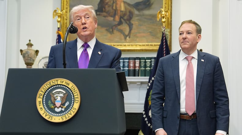 FILE - President Donald Trump, left, speaks during an event with Environmental Protection Agency director Lee Zeldin in the Roosevelt Room of the White House, Feb. 12, 2026, in Washington. (AP Photo/Evan Vucci, File)