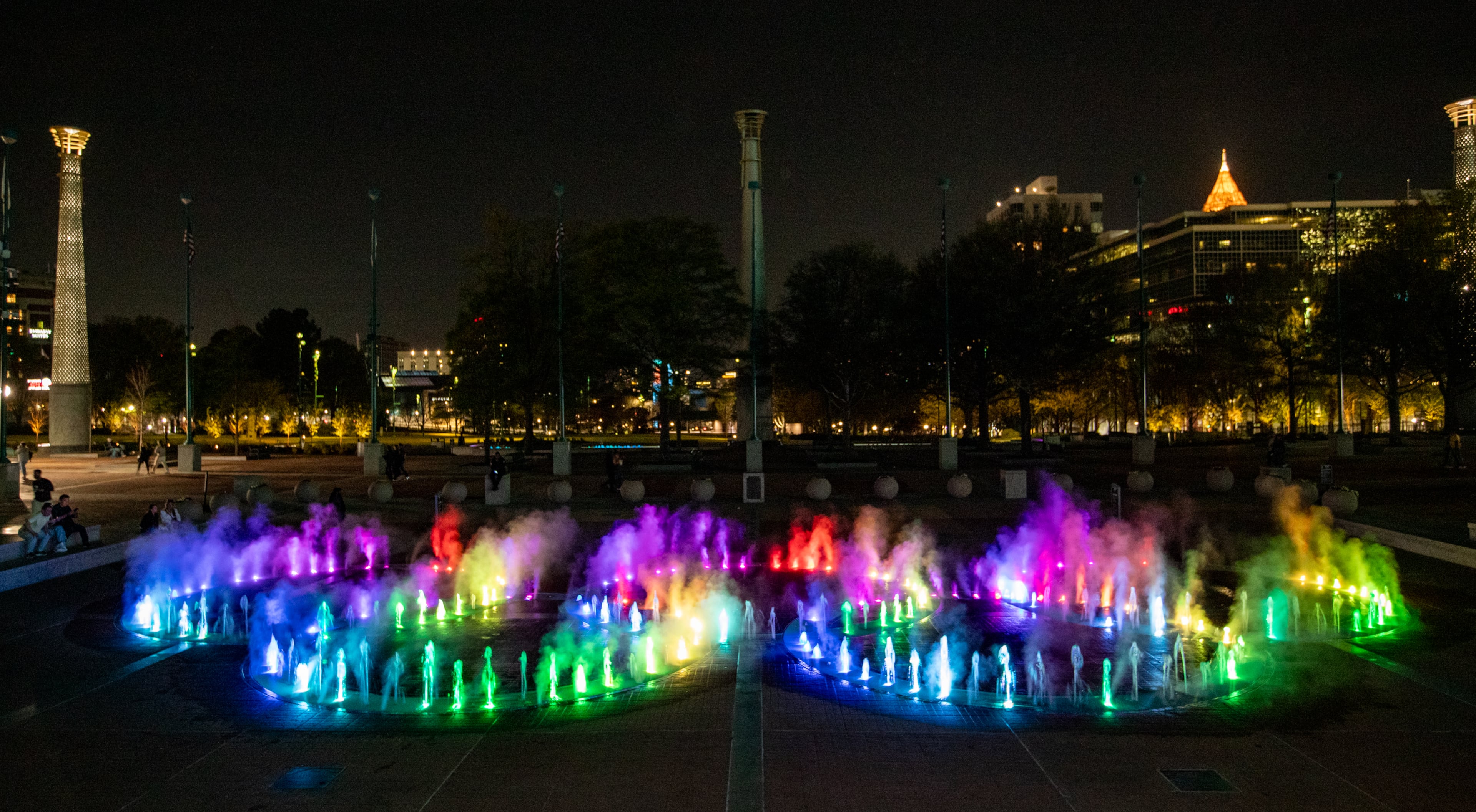 The Fountain of Rings at Centennial Olympic Park is open Thursday, March 27, 2025 after a $3.5 million renovation updating the fountain show with new songs, new pumps and new technology.  (Jenni Girtman for The Atlanta Journal-Constitution)