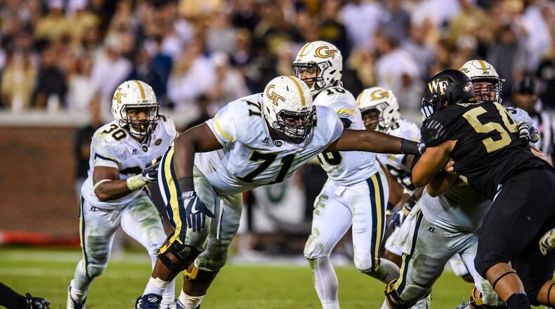 Georgia Tech right guard Shamire Devine was credited with 10 knockdown blocks against Wake Forest as the Yellow Jackets cleared 400 rushing yards for the fourth time this season. (Danny Karnik/GT Athletics)