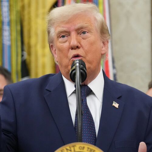 President Donald Trump speaks about FIFA after ringing the opening bell for the New York Stock Exchange and the Nasdaq in the Oval Office at the White House, Monday, July 6, 2026, in Washington. (AP Photo/Mark Schiefelbein)