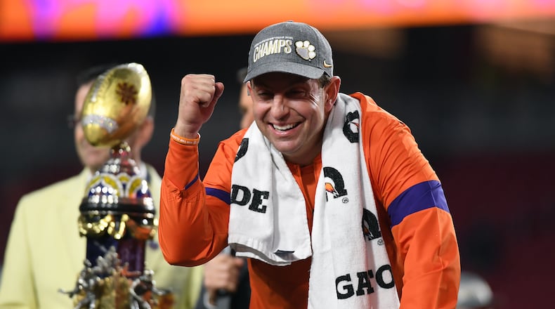 Head coach Dabo Swinney of the Clemson Tigers celebrates his team’s 29-23 win over the Ohio State Buckeyes in the College Football Playoff Semifinal on Dec. 28, 2019 in Glendale, Ariz.