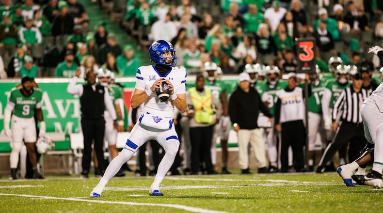 Georgia State Panthers quarterback Zach Gibson (1) during the NCAA game between the Georgia State Panthers and the Marshall Thundering Herd on Thursday, October 17, 2024 at Joan C. Edwards Stadium in Huntington, WV. (Photo by Ivan Konon/Georgia State Athletics)