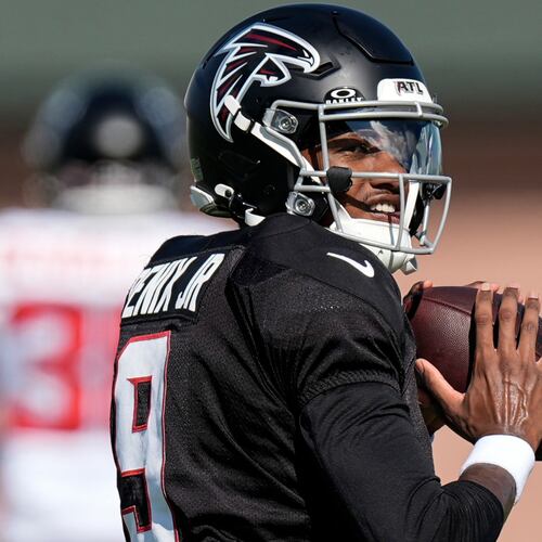 Falcons quarterback Michael Penix Jr. works out during training camp Monday, Aug. 3, 2026, in Flowery Branch. Penix has not been cleared for 11-on-11 sessions after knee surgery and said his doctor set the timeline at four weeks until he’d be fully cleared. (Mike Stewart/AP)