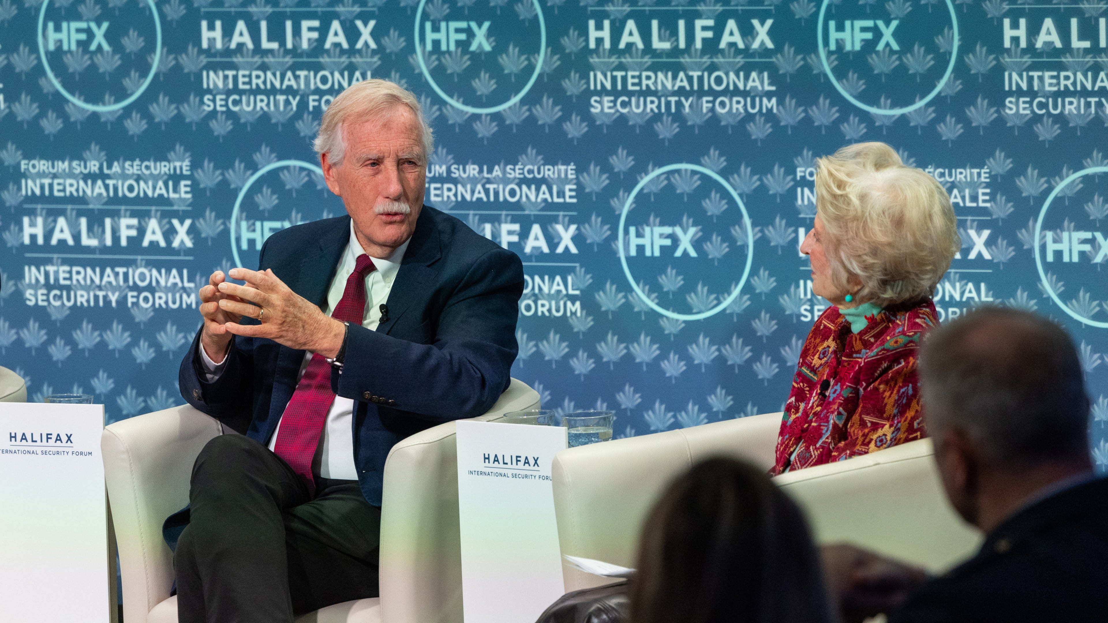 Senator Angus King, of Maine and moderator congresswoman Jane Harman, Commission on the National Defense Strategy, United States, take part in the Halifax International Security Forum on Saturday, Nov. 22, 2025. (Kelly Clark