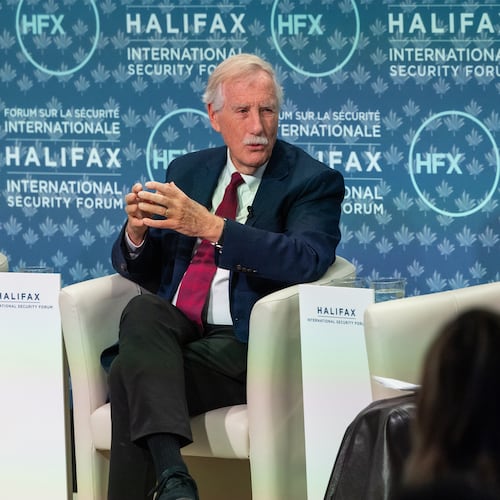 Senator Angus King, of Maine and moderator congresswoman Jane Harman, Commission on the National Defense Strategy, United States, take part in the Halifax International Security Forum on Saturday, Nov. 22, 2025. (Kelly Clark
