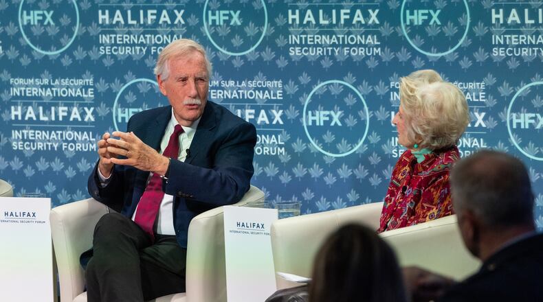 Senator Angus King, of Maine and moderator congresswoman Jane Harman, Commission on the National Defense Strategy, United States, take part in the Halifax International Security Forum on Saturday, Nov. 22, 2025. (Kelly Clark