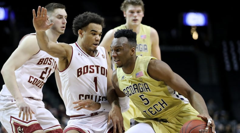 NEW YORK, NY - MARCH 06: Josh Okogie #5 of the Georgia Tech Yellow Jackets works against Jerome Robinson #1 of the Boston College Eagles in the first half during the first round of the ACC Men's Basketball Tournament at Barclays Center on March 6, 2018 in New York City.  (Photo by Abbie Parr/Getty Images)