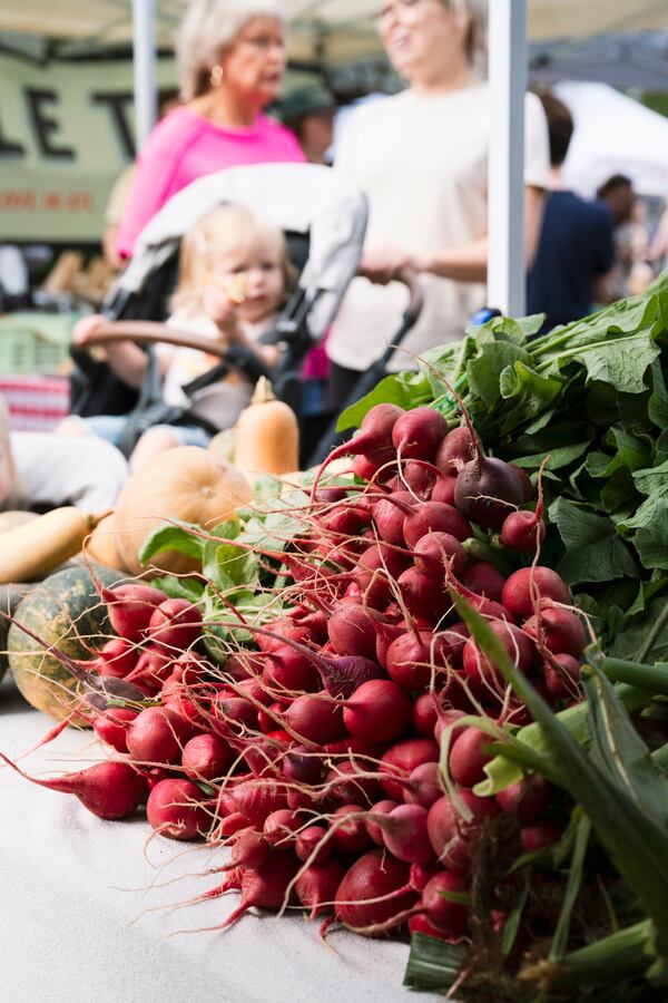 Selecting from colorful piles of vegetables like these radishes is part of the fun of shopping at the Virginia Highland Farmers Market. (Courtesy of Virginia Highland Farmers Market/Sarah Carpenter Design)