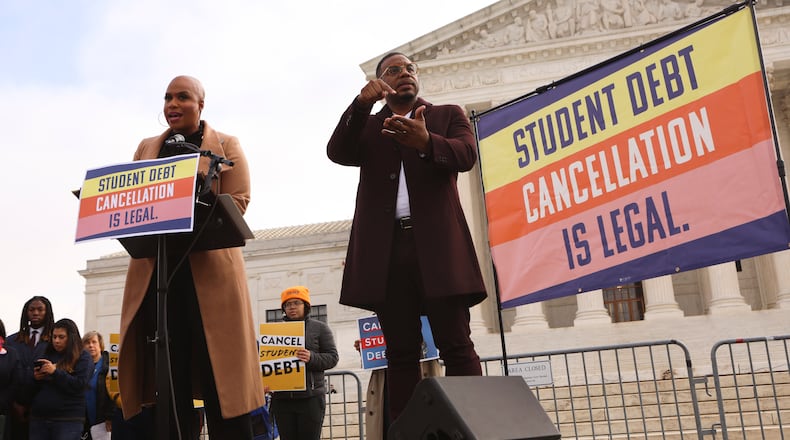 Rep. Ayanna Pressley, D-Mass., speaks during a demonstration outside the Supreme Court in Washington, Feb. 28, 2023. The Supreme Court heard arguments on the Biden administration’s plans to wipe out more than $400 million in student debt. The court ruled 6-3 against the Biden administration on Friday, June 30, 2023. (Anna Rose Layden/The New York Times)