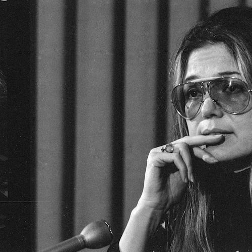 Gloria Steinem, cofounder of Ms. magazine, speaks on the political subjugation of women and the importance of organizing across racial and social differences, to an audience at the College of Marin in Kenfield, Calif., on Jan. 17, 1973. (Bill Young/San Francisco Chronicle via AP)