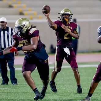 Tucker quarterback Jace German passes against Stephenson during the second half of a high school football game between Tucker and Stephenson at Hallford Stadium, Friday, Sept. 4, 2026, in Clarkston, GA. (Erik S. Lesser for the AJC)