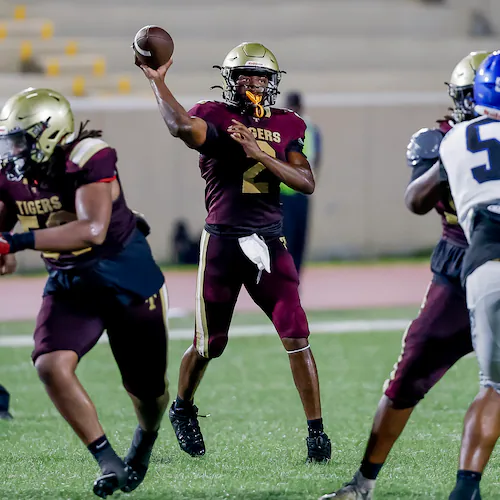 Tucker quarterback Jace German passes against Stephenson during the second half of their game at Hallford Stadium on Friday, Sept. 4, 2026, in Clarkston. Tucker won, 21-14. (Erik S. Lesser for the AJC)