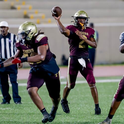 Tucker quarterback Jace German passes against Stephenson during the second half of a high school football game between Tucker and Stephenson at Hallford Stadium, Friday, Sept. 4, 2026, in Clarkston, GA. (Erik S. Lesser for the AJC)