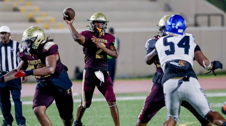 Tucker quarterback Jace German passes against Stephenson during the second half of a high school football game between Tucker and Stephenson at Hallford Stadium, Friday, Sept. 4, 2026, in Clarkston, GA. (Erik S. Lesser for the AJC)
