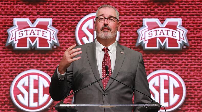 July 18, 2018 Atlanta: Mississippi State head coach Joe Moorhead holds his SEC Media Days press conference at the College Football Hall of Fame on Wednesday, July 18, 2018, in Atlanta.     Curtis Compton/ccompton@ajc.com