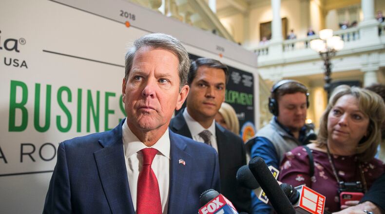 11/04/2019 -- Atlanta, Georgia -- Gov. Brian Kemp answers questions from the media following a press conference to announce a proposed limited expansion of Medicaid in Georgia while at the State Capitol building in Atlanta, Monday, November 4, 2019.  (Alyssa Pointer/Atlanta Journal Constitution)