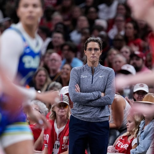 Indiana Fever head coach Stephanie White watches from the sideline in the second half of a WNBA basketball game against the Dallas Wings in Indianapolis, Friday, Aug. 14, 2026. (AP Photo/Michael Conroy)