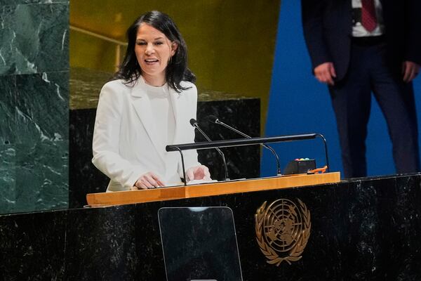 Annalena Baerbock of Germany addresses the United Nations General Assembly after she was elected as president of the 80th session of the body, Monday, June 2, 2025. (AP Photo/Richard Drew)